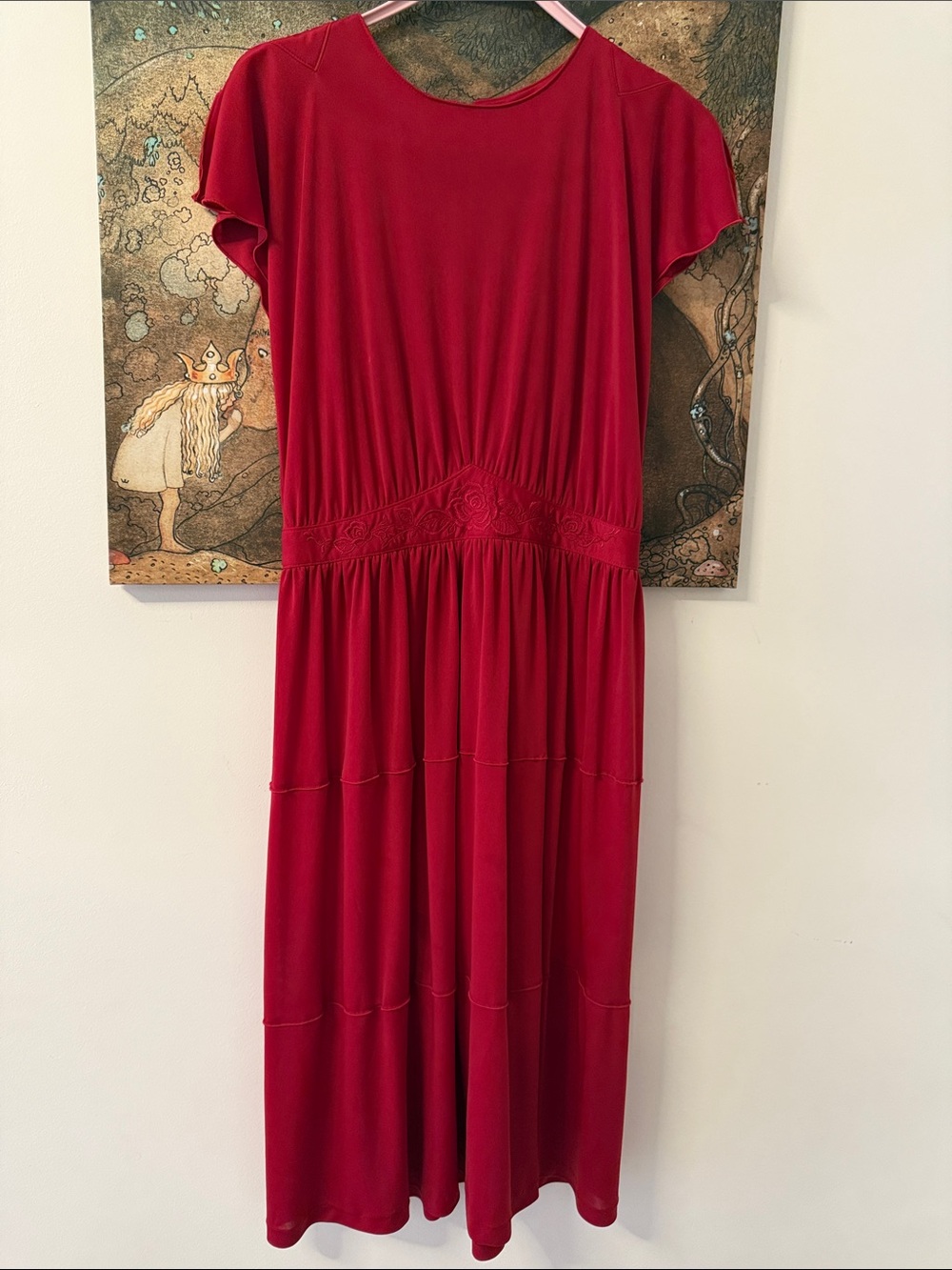 Vintage Red Midi Dress - Elegant Scoop Neck